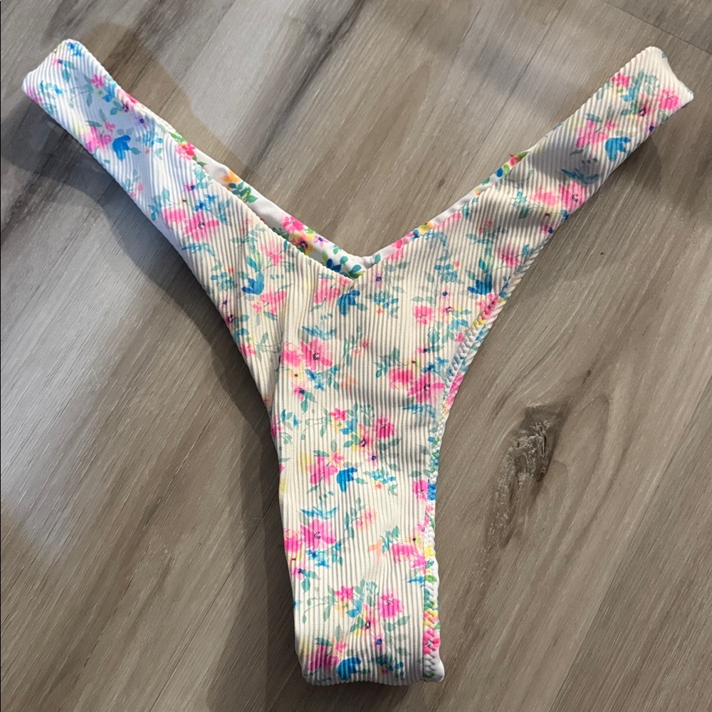 Kulani Kinis Floral Swimwear - Cream and Pink Thong Bikini Bottoms